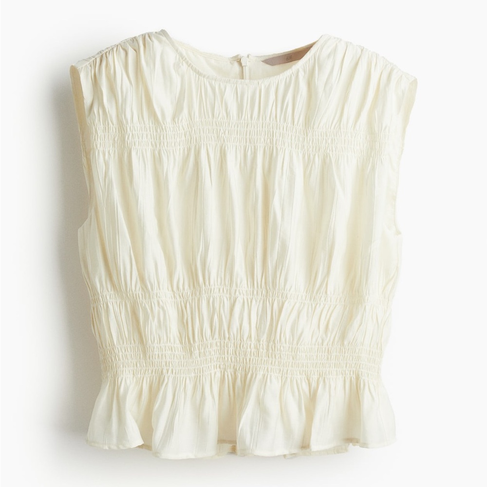 H&M Off-White Textured Sleeveless Blouse Cream Smocked Top